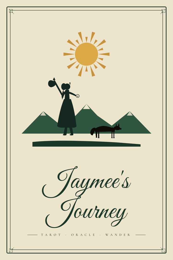 Jaymee's Journey — Tarot, Oracle, Wander. A figure walking with a fox companion under a golden sun, against green mountain peaks.